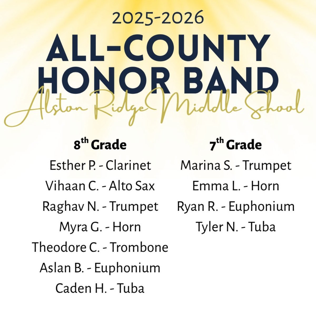 Alston Ridge Middle School (@alstonridgems) on Twitter photo Congratulations to our All County Honor Band Warriors <a href="/ARMSBands/">Alston Ridge MS Bands</a> πΊ Congratulations to our All County Honor Band Warriors <a href="/ARMSBands/">Alston Ridge MS Bands</a> πΊ