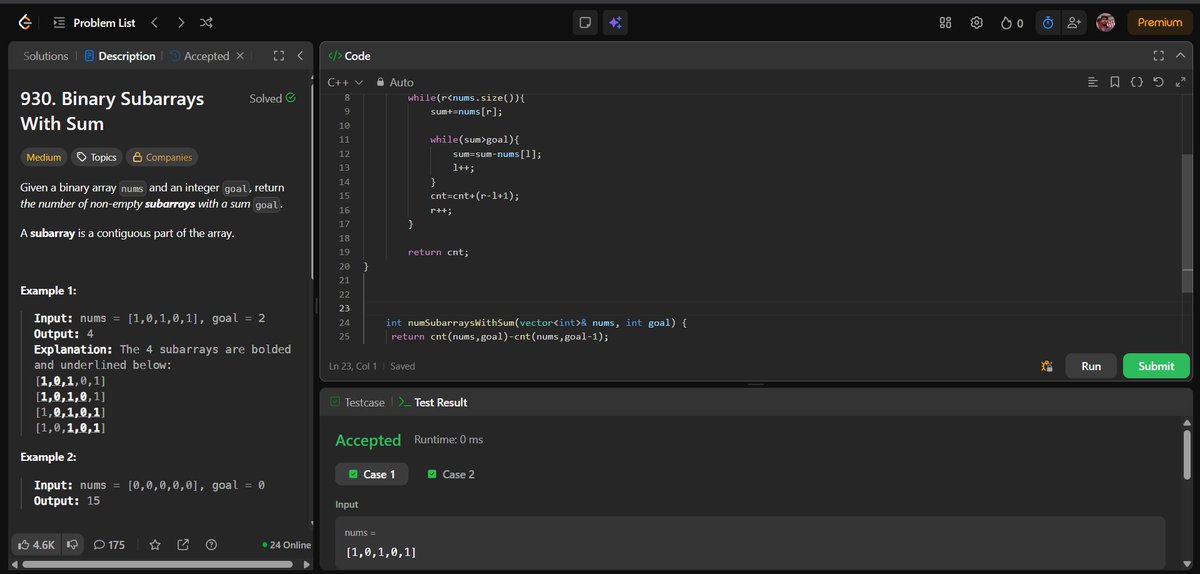 shivam21102005's tweet image. 🌳 Day 76 of #100DaysOfCode

⚛️(Day-2)Revisted React basics (Components, Props &amp;amp; State)
✅ Solved Count Subarrays with Sum = goal using sliding window &amp;amp; “at most sum” trick 🧩
Leveling up both web dev and DSA fundamentals! 💻✨
#ReactJS #WebDev  #Coding #Programming #CodeNewbie