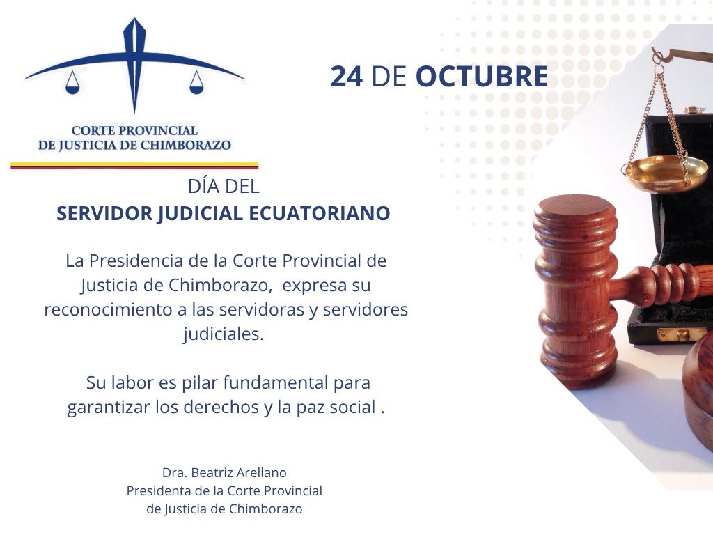 La Presidente de la <a href="/CorteChimborazo/">Corte Provincial de Justicia de Chimborazo</a> Dra. Beatriz Arellano, saluda a los servidores judiciales en su día. 

#DíaDelServidorJudicial