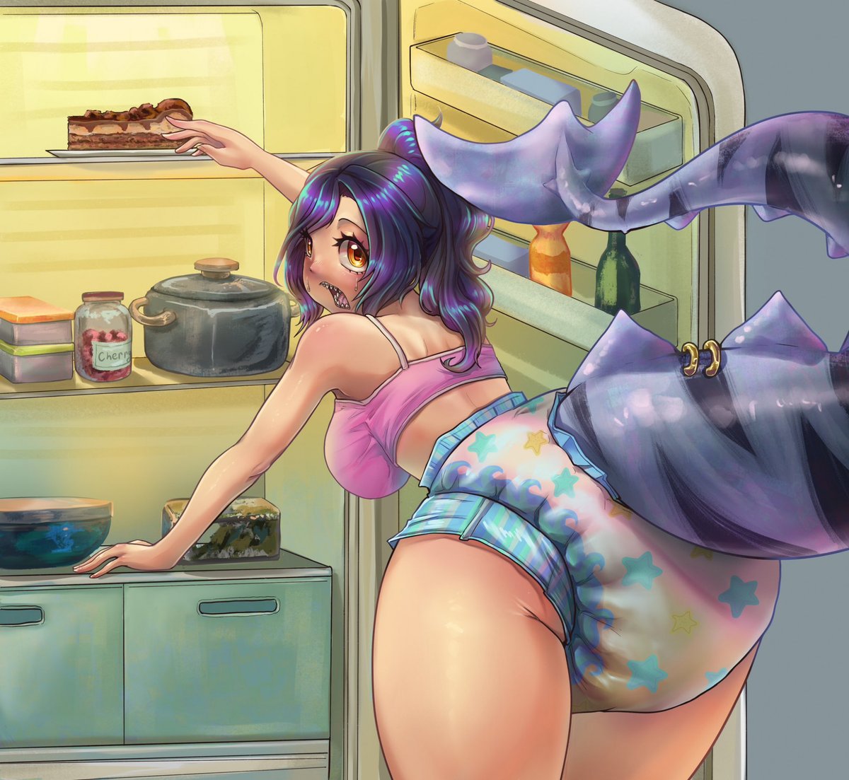 Mylène wasn't stealthy enough to get the toblerone cake leftover unnoticed. Art by <a href="/Gryphontr/">🔞Gryphon🪷open! (5/5)</a> #ABDL