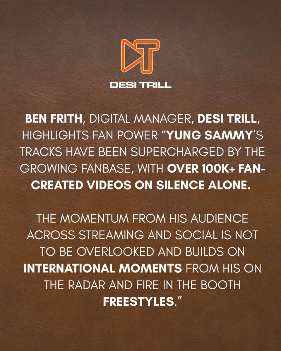 💿 South Asian hip-hop is going global — and DESI TRILL is leading the charge. Co-founders TyTy &amp; Shabz Naqvi are expanding the label’s reach across India and beyond, powered by breakout star Yung Sammy, whose viral hit “Silence” has crossed 450 million Instagram views.