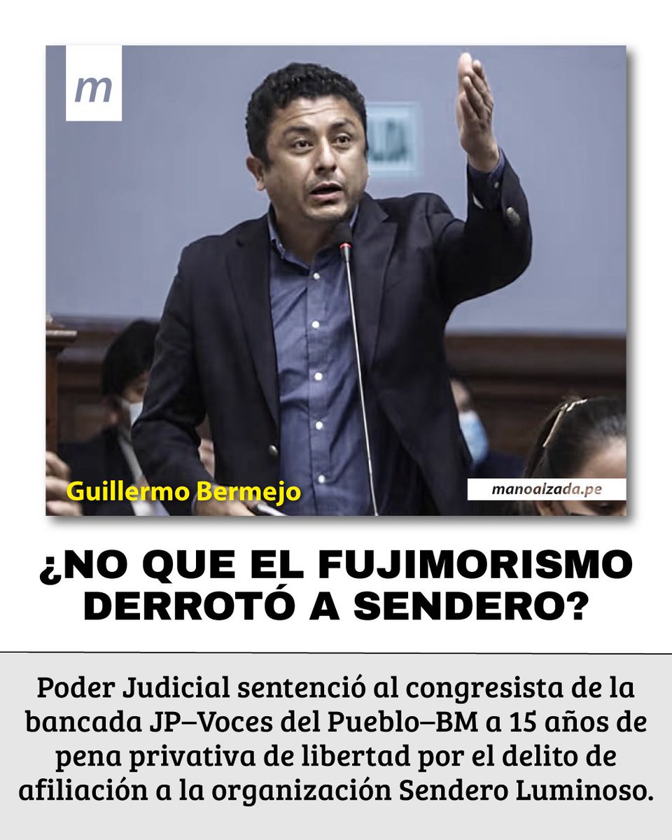 manoalzadalima's tweet image. #PoderJudicial 🛑 Tercera Sala Penal Superior Liquidadora Transitoria Nacional sentenció al congresista Guillermo Bermejo a 15 años de prisión por afiliación a #SenderoLuminoso. ➡️ Además, lo inhabilitó dos años de la función pública, a meses de las #Elecciones2026. ✍️ Comenta.