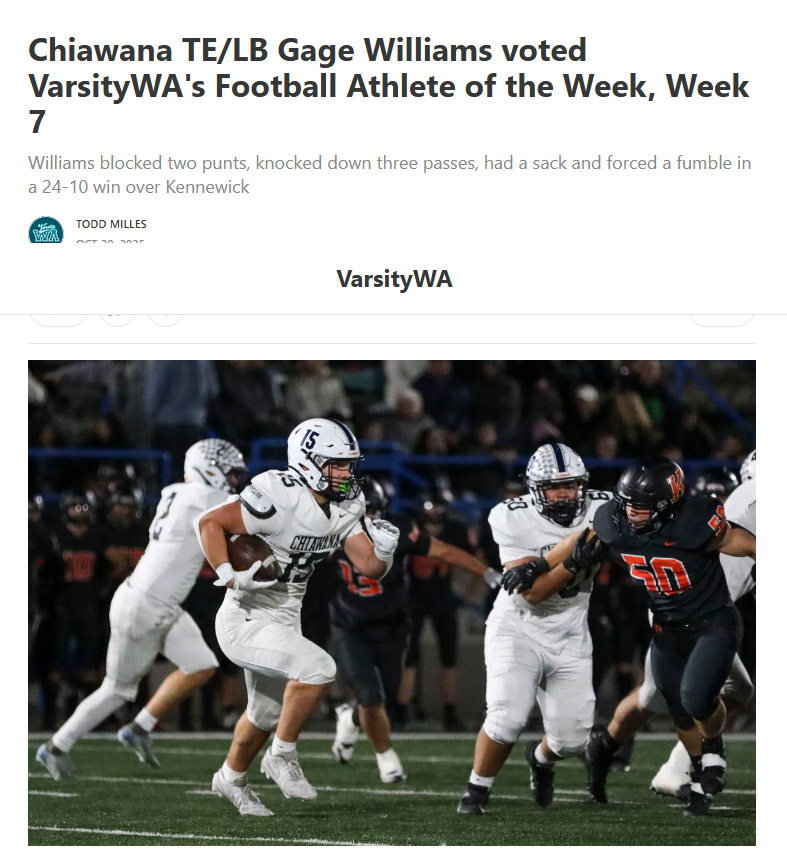 Riverhawk Gage Williams VarsityWA’s Football Athlete of the Week: Go to @chiawanaathletics for a link to the full article