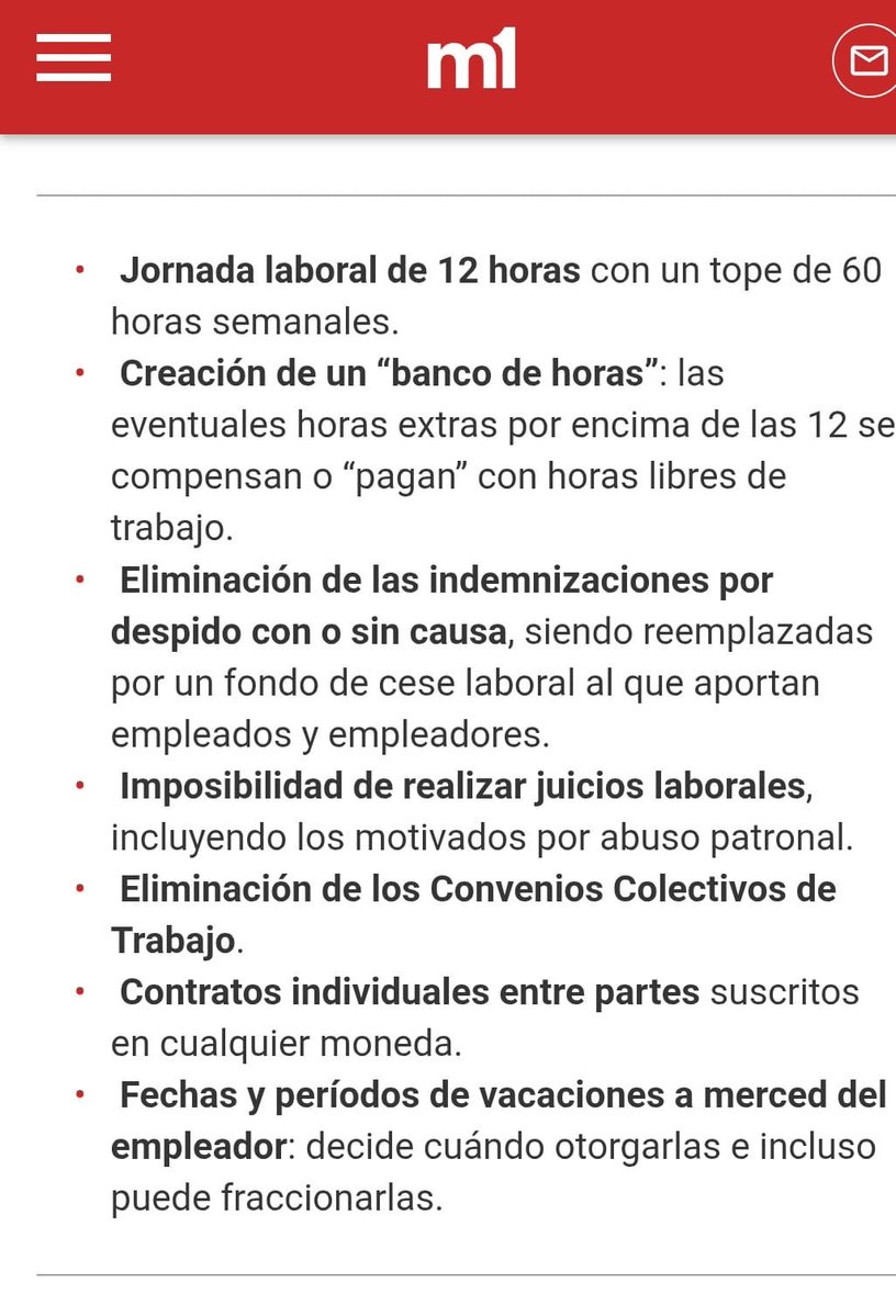- Jornadas de hasta 12h y 60h semanales.
- Horas extra no se pagan.
- Eliminación de indemnizaciones, juicios laborales y convenios colectivos. 
- El empleador decide cuando te tomas vacaciones.

La reforma laboral de Milei que podrían replicar en Chile lo q lo usan de ejemplo...