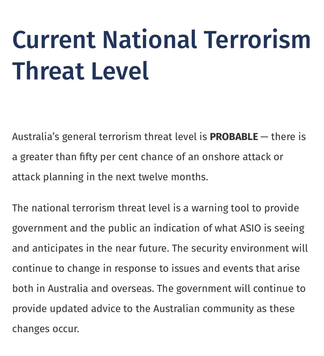 ausfirstnet's tweet photo. The Australian government has calculated that it’s more than 50% likely we will have an onshore attack in the next 12 months.

We are now being taught how to stay prepared for a public attack. Because our government refuses to punish career criminals, and is instead importing them on a large scale.