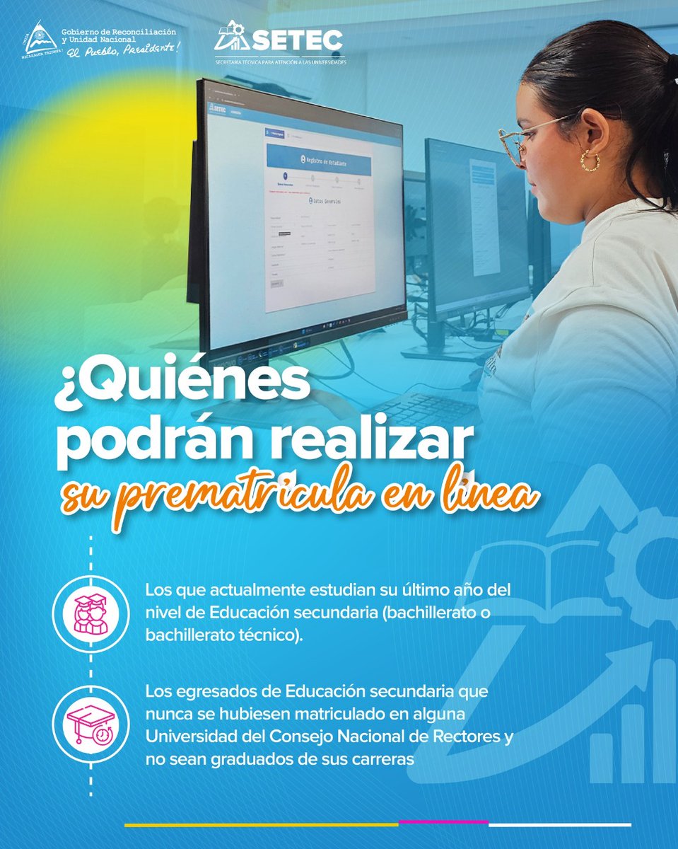 Canal6Nicaragua's tweet image. #Noticiero6
📚 𝐏𝐫𝐞𝐦𝐚𝐭𝐫𝐢𝐜𝐮𝐥𝐚𝐭𝐞 𝐲 𝐚𝐛𝐫𝐢́ 𝐥𝐚𝐬 𝐩𝐮𝐞𝐫𝐭𝐚𝐬 𝐚 𝐭𝐮 𝐟𝐮𝐭𝐮𝐫𝐨.

📅 Del 27 de octubre al 30 de noviembre, completá tu registro en línea y empezá tu camino universitario.

#Registro #Enlinea #Nicaragua