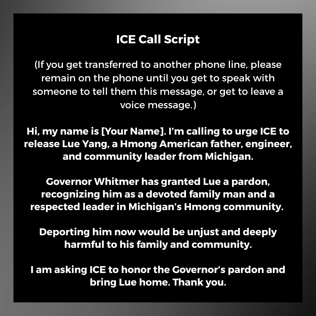 RisingVoicesAAF's tweet photo. Your calls are working. 📞💪

Lue is still in the US, and we need more communities to step up the pressure on ICE to free him.
We are fighting for Lue, for his family, and for every refugee to come home.

📞 ICE Detroit Field Office: (313) 771-6601
✉️ https://t.co/eIQcRlRntj https://t.co/NanYokFO8e