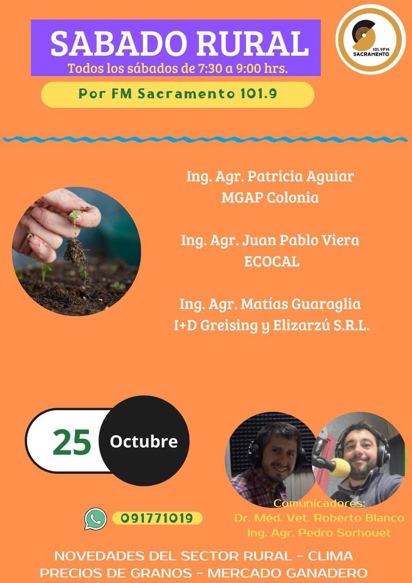 Mañana desde las 7:30 am y hasta la 9:00 am otro #SabadoRural 

📻 101.9 FM  
📱 👇🏻 

Podes escucharnos en Sacramento FM en el 101.9 o a través de: ro.com.uy/sacramento-fm-… o radios.com.uy/sacramento-col…