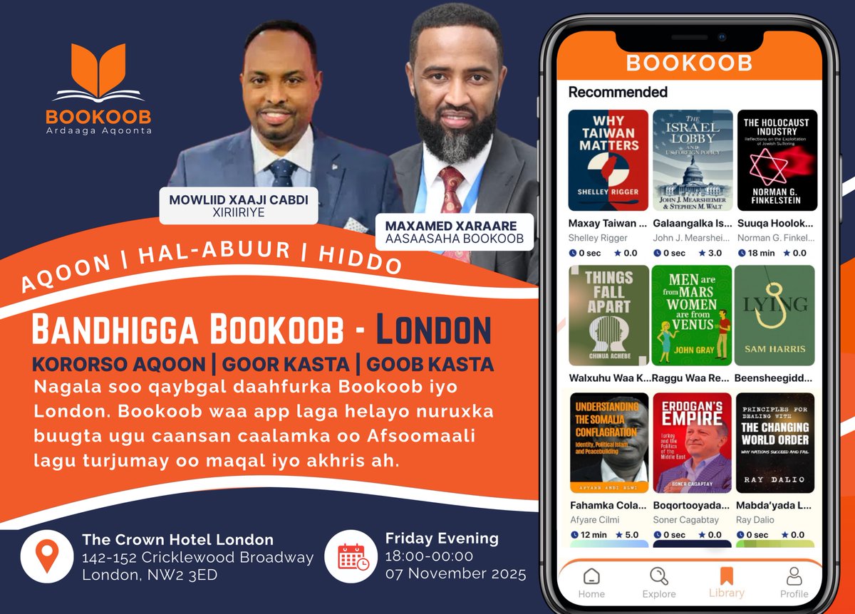 📅 Mark your calendar!

We’re officially launching Bookoob  in London 🇬🇧

Join us for an unforgettable evening of stories, ideas, and inspiration — where Somali knowledge meets global innovation.

🎧 Experience powerful talks, live readings and a celebration of our shared love