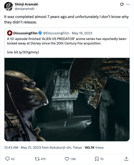 can't believe there's a Shinji Aramaki AvP anime that's just been sitting on a shelf somewhere for almost a decade