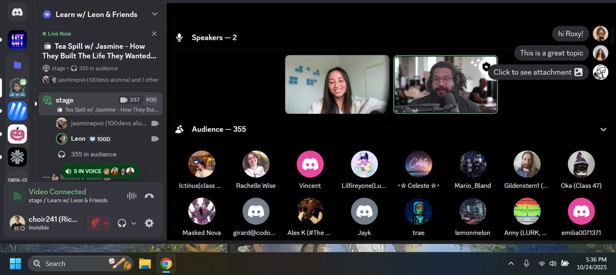 choir241's tweet image. Ending the week strong with @jasminepvodev spilling tea with @leonnoel - the highs, the lows and how she was able to slowly introduce a lifestyle changes like meditation, journaling, and tracking wins 🔥
 #100devs