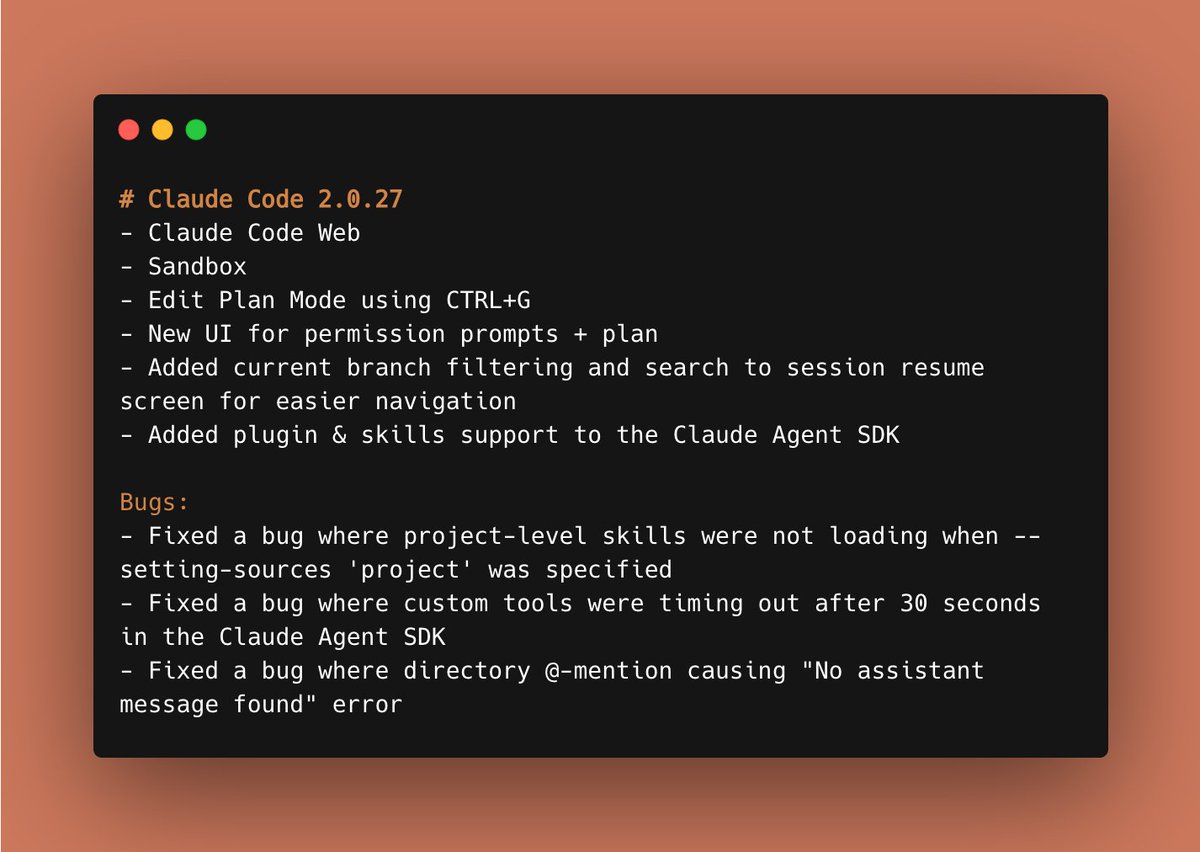 trq212's tweet image. Claude Code Weekly Roundup
This week we shipped Claude Code Web & /sandbox, added support for plugins & skills into the Claude Agent SDK and updated some of our UI for permissions and planning.