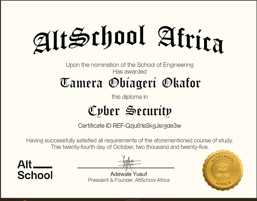 empress_tamy's tweet photo. It's official.. Diploma in Cybersecurity from @AltSchoolAfrica. This is just the beginning for me as i work hard and smart to becoming a Cybersecurity professional with distinguished value. I look foreword to Internships and collaborations.#CyberSecurity #Altschool #Womenincyber https://t.co/DF1q79NRW1