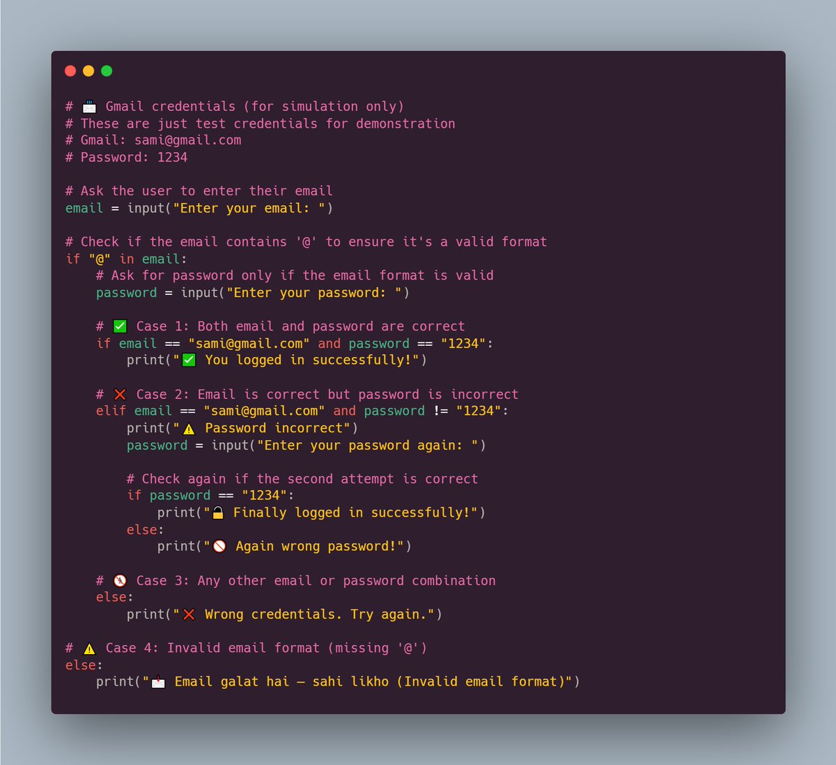 Samimughal78's tweet image. 🔐 Simple Python Login System
Learning Python? Here&apos;s how you can validate an email and password with conditional logic and user input handling — step by step! check out on Github
[github.com/SamiMughal786/…]  
#Python #Coding #LearningToCode #DevCommunity
