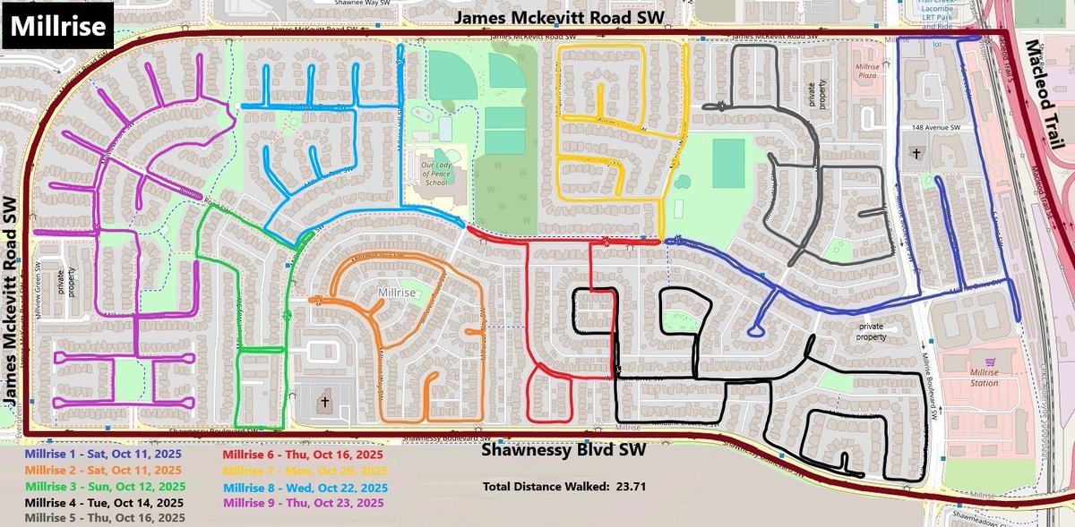 WalkingCalgary's tweet photo. Yesterday, we completed walking all of the publicly accessible residential streets in #Millrise.
In the process, we covered a distance of 23.71 kilometres.
This marks the 175th #Calgary community that we have now completed.
#yyc https://t.co/qr5eiCEQtJ