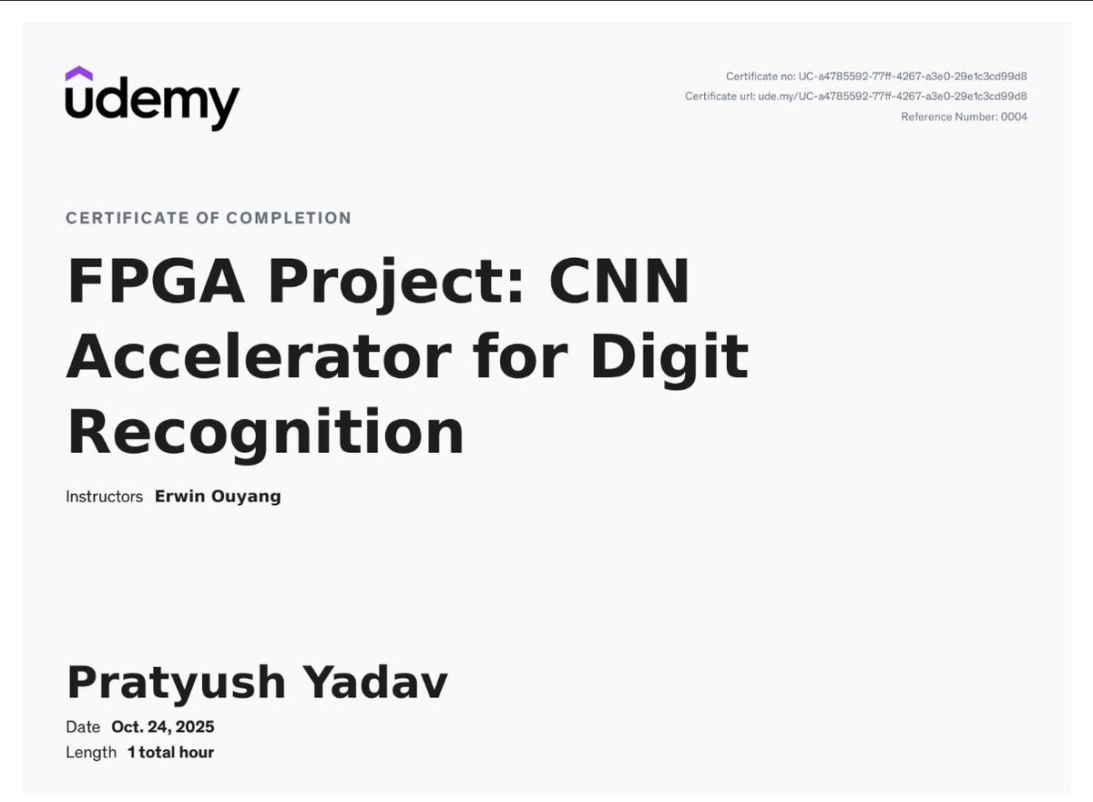 PratyushYa58859's tweet image. Completed a course on Building a CNN hardware accelerator for MNIST digit recognition on FPGA using verilog. 
#HardwareAccelerator
#Verilog
#CNN
#FPGA