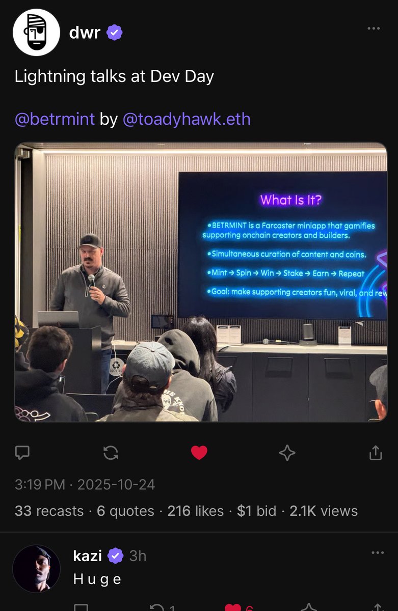 toady_hawk's tweet image. Very grateful to have spent the day with some of the best and brightest devs and founders at the @farcaster_xyz developer’s day in NY today, and for the opportunity to give a lightning talk about what @netnose and I are building with @betrmint!
Thank you to @ljxie for the…