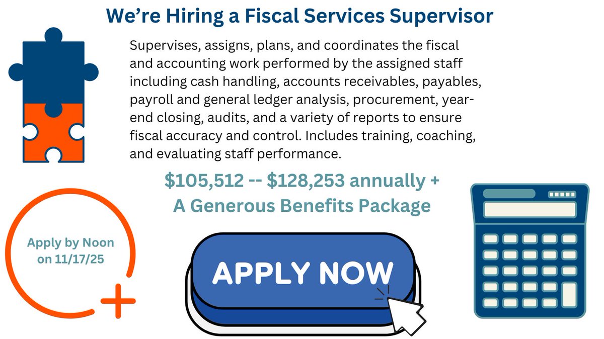 The Court is recruiting for a Fiscal Services Supervisor. Apply by noon on 11/17/25. Want to know more? bit.ly/4o6tLhl