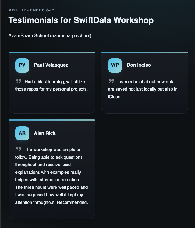 azamsharp's tweet image. Wrapped up the last workshop of the year! This was super fun! 

We covered many topics related to #SwiftData including architecture, testing, relationship and CloudKit integration. 

I will be back next year with some more amazing workshops! 

Thanks for your support!