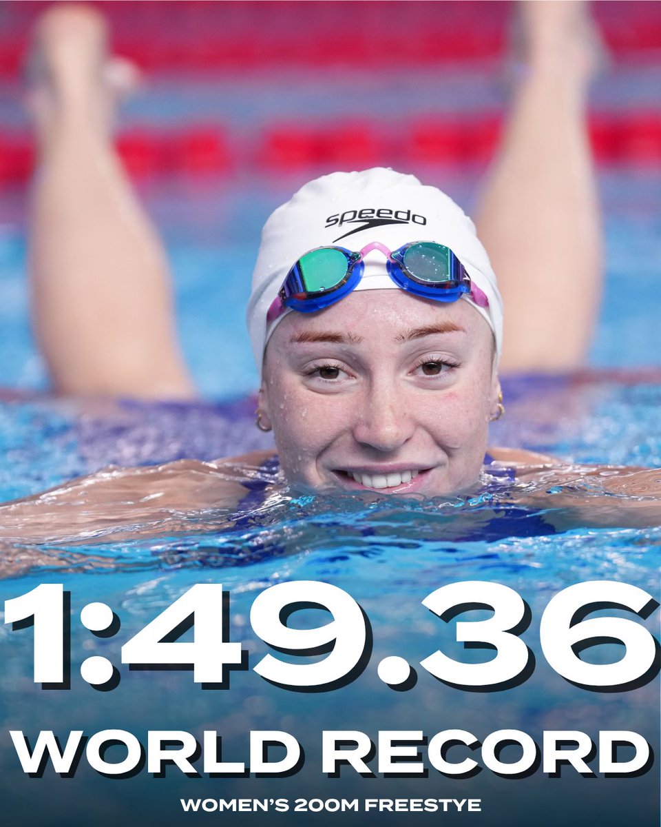 WorldAquatics's tweet photo. 🇦🇺 Mollie O’Callaghan does it again! 🔥
1:49.36 another World Record in the women’s 200m freestyle, just one week after her previous mark! 

#UnitedByRacing https://t.co/7kLQU6lLyJ