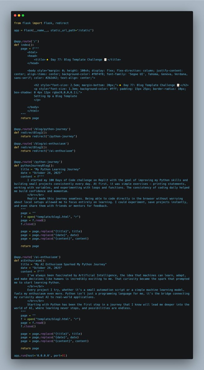 dkingony's tweet image. Day 77 of 100

Another day to do better 😀
Yesterday I got started with the #flaskframework and had all my codes in one file. Today I learnt how to import my html code into my #py file, I also wrote some endpoints for my blog👨🏾‍💻

#Replit100DaysOfCode #100DaysOfCode #LearnInPublic