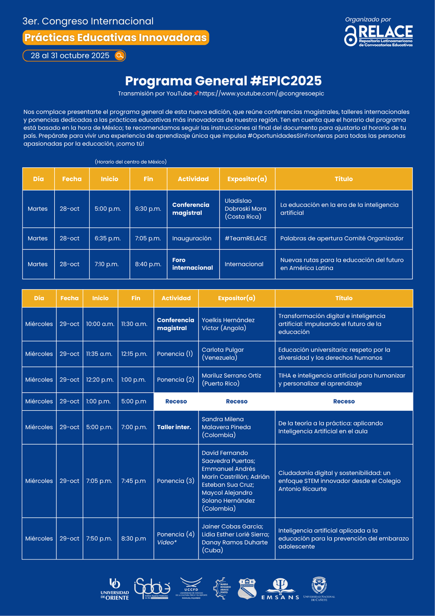 relaceorg's tweet photo. ¡Ya está disponible el Programa General de #EPIC2025!
Del 28 al 31 de octubre de 2025

👉Descarga el programa:
https://t.co/O9v3zcAW7O

📍Regístrate AQUÍ para recibir tu acceso oficial:
https://t.co/6R4em4SOdQ

#OportunidadesSinFronteras #RELACE #EPIC2025 https://t.co/2t7S9CSGLB