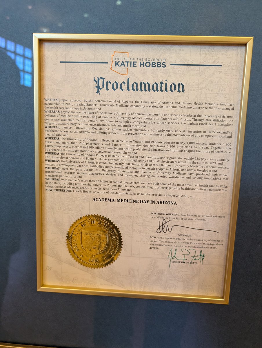 Thank you Governor Hobbs for  commemorating the 10 year anniversary of the U of A --  Banner Health partnership.  A partnership with statewide impact!  We love that Oct 24th is now Academic Medicine Day !