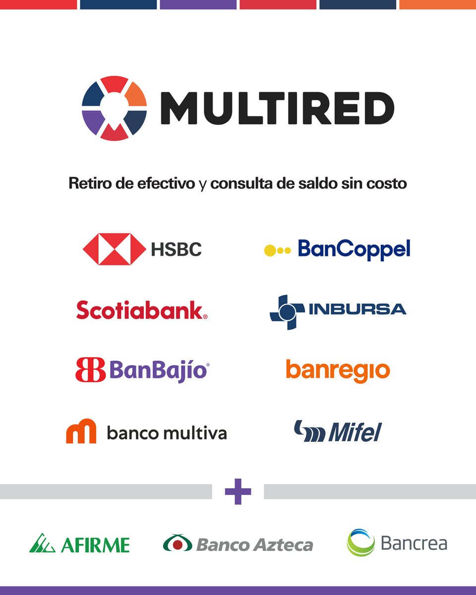 Más aliados, más cajeros, cero comisiones.

La alianza MULTIRED se fortalece con la incorporación de BanCoppel y Multiva. Realiza consultas de saldo y retiro de efectivo sin costo en más de 16,000 Cajeros Automáticos.

¡A donde vayas, estamos contigo!