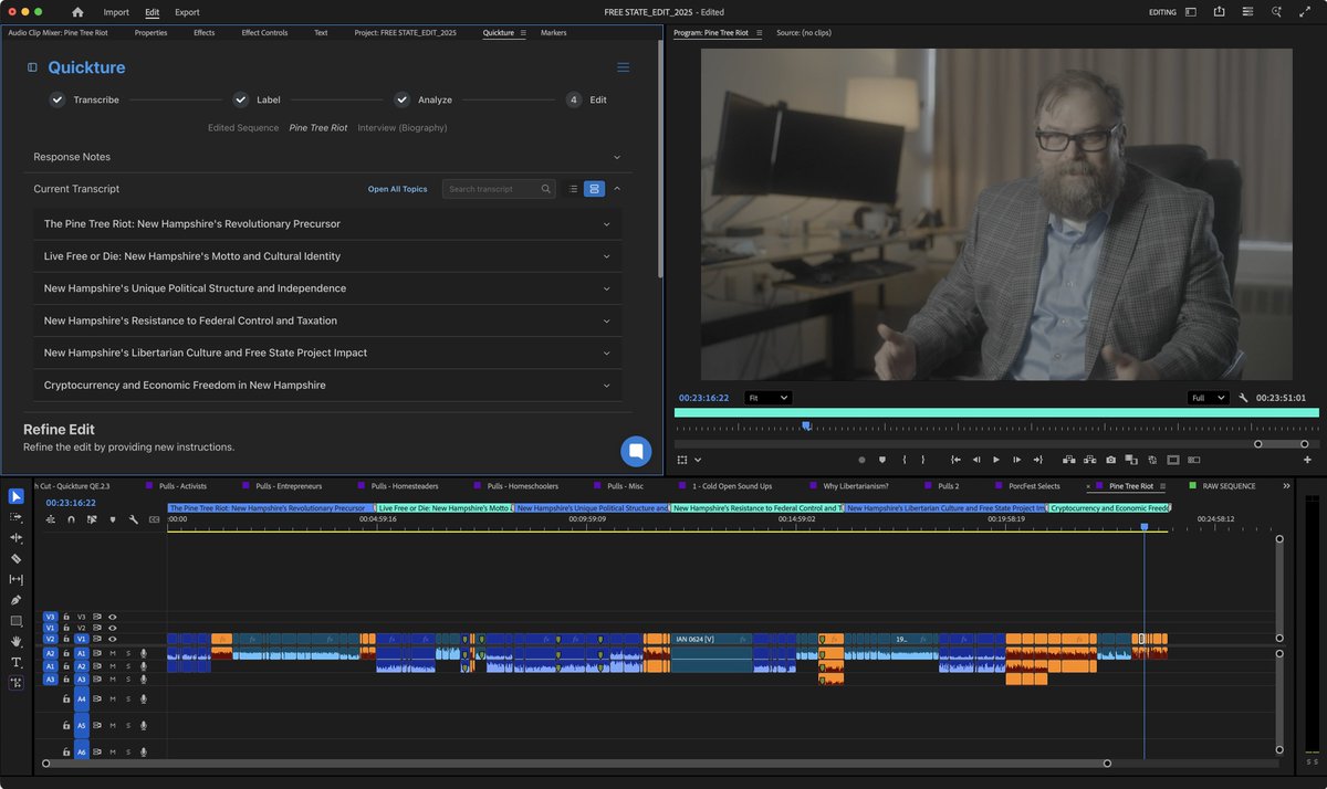 FreeStateDoc's tweet image. I got a free two week trial to a new AI editing software. I put all my interviews through it and then ask it to pull relevant parts for me. It's really helping with my editing process!
