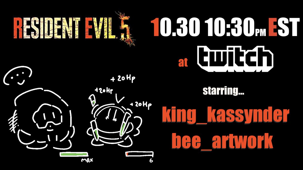 Thank you to all who came and spent time at yesterday's RE5 stream!! 
Our next session will be next week on the 30th!

It's just before Halloween so we can celebrate together!🎃
See you there and bring treats😆

10.30 Live at
twitch.tv/bee_artwork  and twitch.tv/king_kassynder