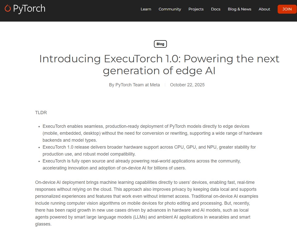 edgeaiguy's tweet image. 1/ ExecuTorch 1.0 just dropped: a PyTorch-native engine for phones, wearables, embedded—and even laptops. Think LLMs + multimodal running locally with a tiny runtime, no conversions or rewrites. #ExecuTorch #EdgeAI
