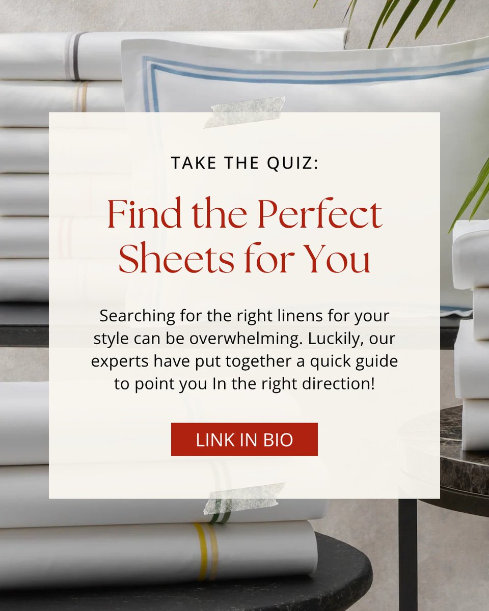 FineLinenBath's tweet image. Soft, smooth, or crisp — what’s your sheet style?
Take our quiz and we’ll help you find your perfect fit. 🌙

Link in bio!

#FineLinenandBath #Sheets #Bedding #Quiz #HighEndBedding