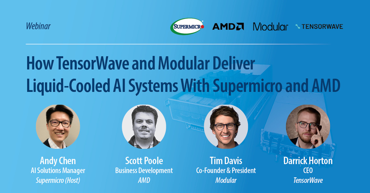 Supermicro's tweet image. Join Supermicro in our latest webinar featuring @TensorWave and @Modular alongside @AMD as we take a look at the technologies enabling the next wave of AI workloads including training and inferencing.

📅Wednesday, October 29
🕛10:00am PDT

Save your spot: hubs.la/Q03Q6s-f0