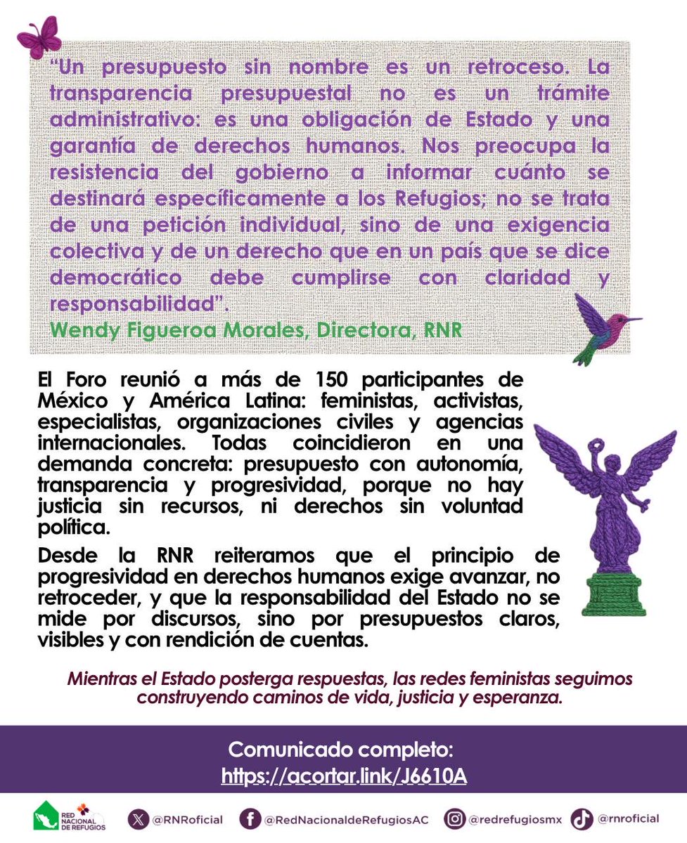 💜 En el XII Foro Internacional de la #RNR, tejimos voces y resistencias: más de 150 feministas alzamos la voz por presupuestos que sostengan la vida y la esperanza.
🔥 ¡Porque no hay justicia sin recursos, ni derechos sin inversión!
🔗 acortar.link/J6610A
<a href="/mujeresgobmx/">Secretaría de las Mujeres</a>