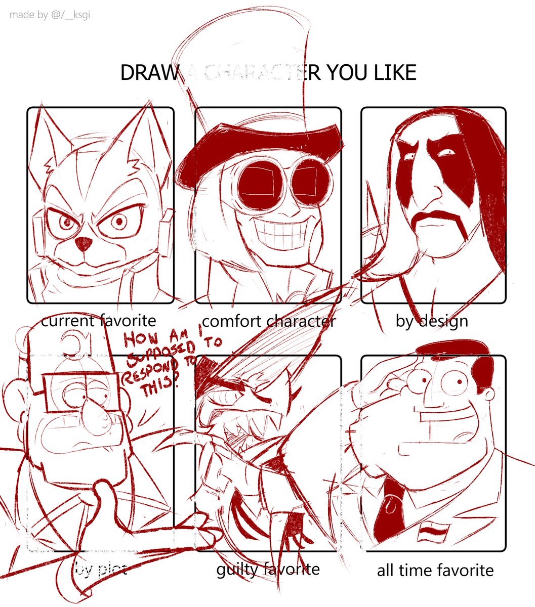 I haven't done one of these in years. A friend reminded me this template existed, so why not? I cleaned up some sketches and threw this together. I'll finish it later!

From top left: Fox McCloud, Willy Wonka (Depp), Lars Ümlaüt (Guitar Hero), Stanley Pines, Striker, Stan Smith