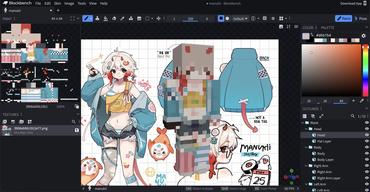 I'm almost done with <a href="/manukii_/">Manukii🍤</a>, I finally got a desk so I can continue this. [WIP]
Btw soon enough I will be putting up a lot and choosing the 4 next people to make their MC skin for free as an example for the commission page comic soon.