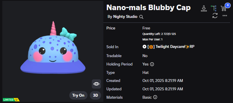 Xh0PlUgc's tweet image. 🔴New limited item &lt;&lt; Twilight Daycare RP &gt;&gt;
📦Stock: 2,727
❗How to get it: You will need to complete three tasks that he asks you to collect enough hearts and then you can get it.
➡️roblox.com/catalog/777652…
➡️roblox.com/games/65074222…
#Roblox #RobloxDev #RobloxFreeUGC…