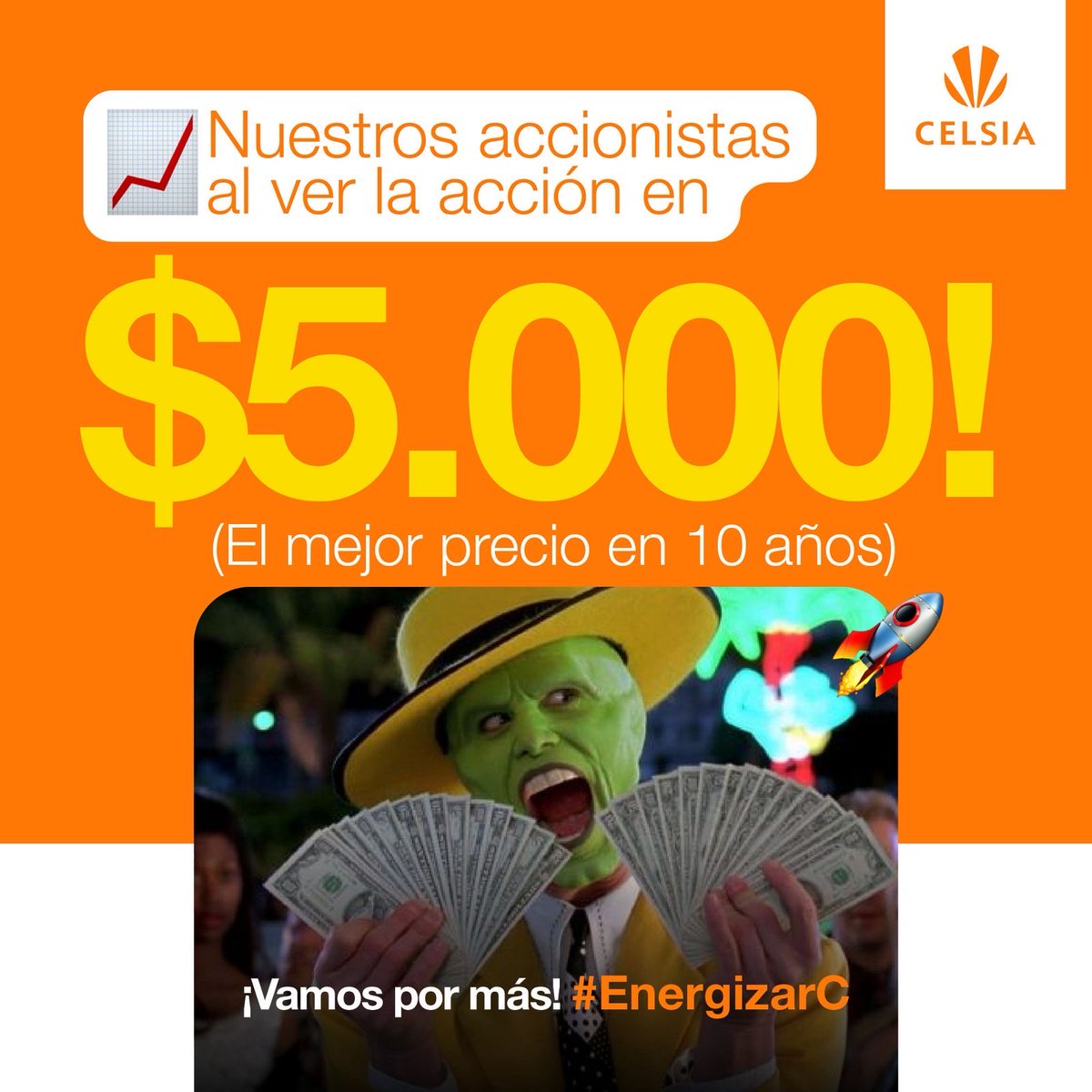#RecompraCelsia I Cerramos el viernes con una noticia que nos tiene electrizados: ⚡ Nuestra #AcciónCelsia cerró hoy en COP 5.000 🤩 🚀, el precio más alto desde mayo de 2015. Y lo mejor, es que ¡vamos por más! Nuestra ambición es duplicar el valor fundamental de la compañía en