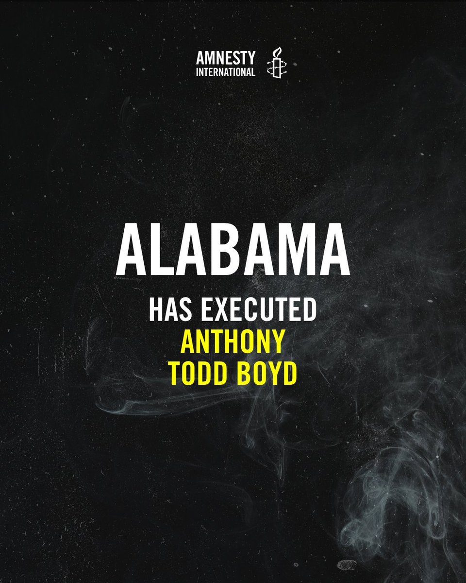 amnestyusa's tweet photo. Anthony Todd Boyd was executed by the state of Alabama by nitrogen hypoxia. AIUSA State Death Penalty Abolition Coordinator for Alabama, Dawson Hicks, stated, “Amnesty International opposes the death penalty as a violation of the right to life and as the ultimate cruel, inhuman, and degrading punishment. We will never stop working to abolish it in Alabama and around the world.” 

#DeathPenalty #StopExecutions