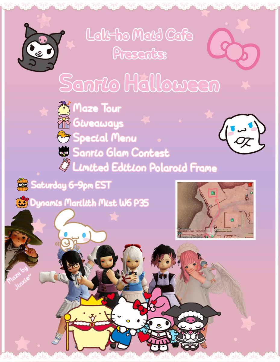 Join us this Saturday for Sanrio Halloween~ Many Tricks &amp; Treats in store~!

☕Saturday 6-9pm EST, Dynamis Marilith Mist Ward 6 Plot 35 🏰

💌 lali-ho.carrd.co
💌discord.gg/lali-ho

#lalafell #ff14 #ffxiv #maidcafe