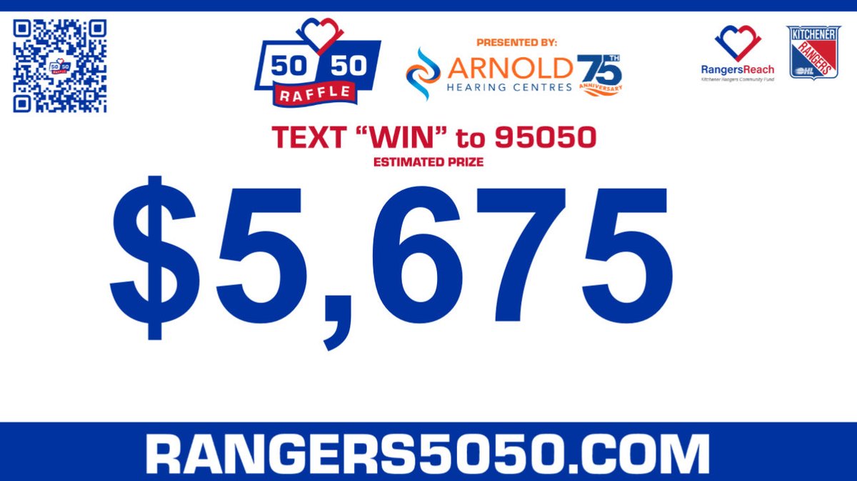 Jackpot Update 🔥

Get your 50/50 tickets online now or at the <a href="/OHLRangers/">Kitchener Rangers</a> game! Jackpot already over $5,600! 

Text “WIN” to 95050 to play! Std msg &amp; data rates may apply. 

🎟️ Rangers5050.com