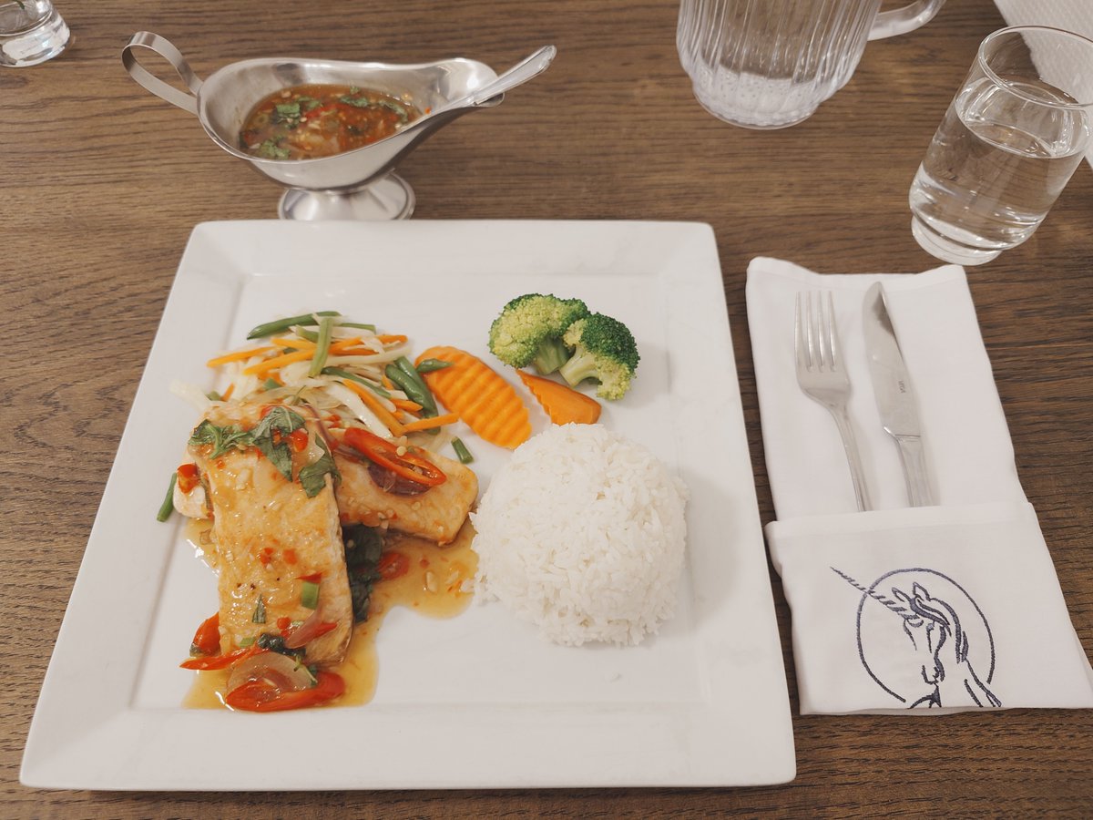 Dinner tonight. Wild salmon from the fjord, not farmed, only in #Greenland, so I heard. Sounds delicious, doesn't it? Of course it was. And with jasmine rice, rice what a delight after bread every day.