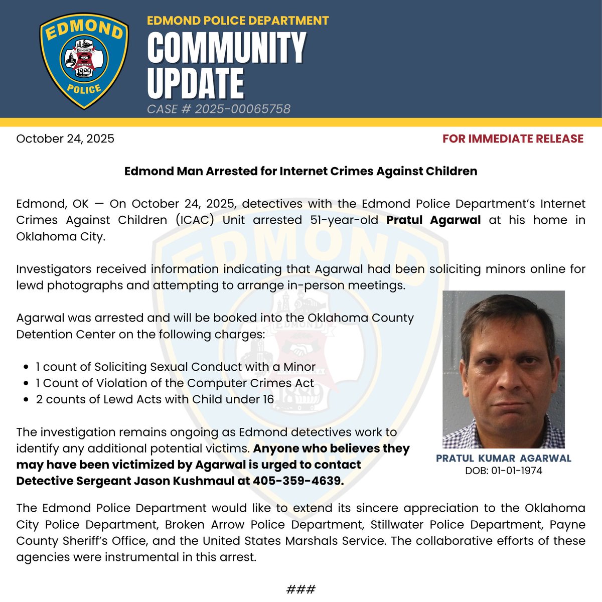 FOR IMMEDIATE RELEASE. 
Special thanks to <a href="/OKCPD/">Oklahoma City Police</a>, <a href="/BA_Police/">Broken Arrow Police</a>, <a href="/StwOKPolice/">Stillwater Police Department (Oklahoma)</a>, <a href="/USMarshalsHQ/">U.S. Marshals Service</a>, #paynecountysheriffsoffice