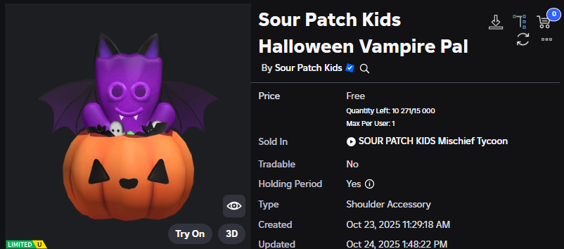 Xh0PlUgc's tweet image. 🔴New limited item &lt;&lt; SOUR PATCH KIDS Mischief Tycoon &gt;&gt;
📦Stock: 10,271
❗How to get it: You will need to find 20 Sour Patch Kids on the map and then you will be able to get it.
➡️roblox.com/catalog/127256…
➡️roblox.com/games/16984716…
#Roblox #RobloxDev #RobloxFreeUGC…