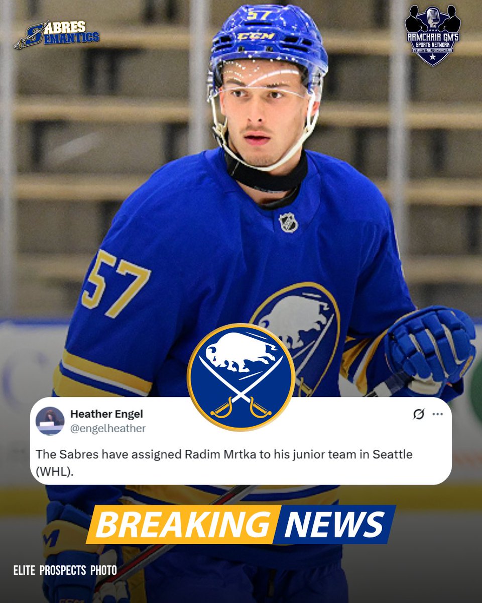 SabresSemantics's tweet image. The #Sabres have reassigned 2025 1st round pick D Radim Mrtka to the Seattle Thunderbirds of the #WHL.

Mrtka played 4 games with the Rochester Americans, Buffalo&apos;s AHL affiliate, before the decision was made to send the 18-year-old right-shot back to junior hockey. #Sabrehood