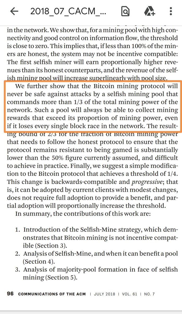 $KAS
Familiar with Eyal &amp; Sirer’s “Majority Is Not Enough” paper ?
Selfish mining gets profitable past 33% hashrate &amp; that’s where consensus integrity cracks! 
$BTC Foundry USA is now at ~30.23%, getting uncomfortably close to that threshold. Should we be worried?