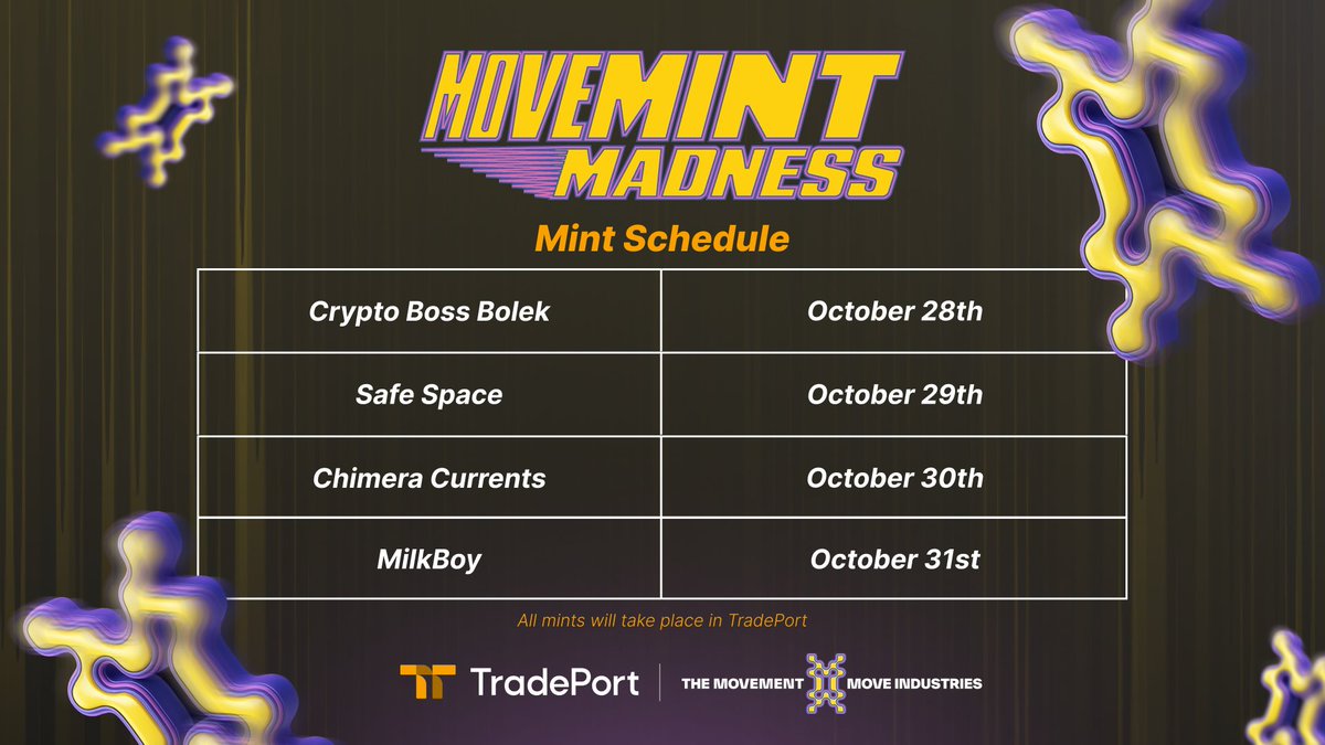 Arslan | INTEGRATED 🦍⚡️ (@oneofarslan) on Twitter photo 🚀 Movement Mint Madness is Starting!
Next week, 4 amazing mints are coming on <a href="/moveindustries/">The Movement</a>.
Bookmark all the details so you don’t miss out! 👇
1️⃣ Crypto Boss Bolek - the Neony Beaver
🗓 Date: Tuesday, October 28
⏰ Time: 14:30 UTC
🎟 Supply: 2,137
💰 Price: 0 MOVE
🔗 Mint 🚀 Movement Mint Madness is Starting!
Next week, 4 amazing mints are coming on <a href="/moveindustries/">The Movement</a>.
Bookmark all the details so you don’t miss out! 👇
1️⃣ Crypto Boss Bolek - the Neony Beaver
🗓 Date: Tuesday, October 28
⏰ Time: 14:30 UTC
🎟 Supply: 2,137
💰 Price: 0 MOVE
🔗 Mint