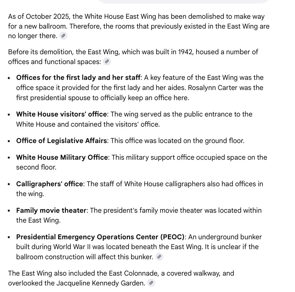 <a href="/DOGEQEEN/">Hosna ⚖️</a> The East Wing was a very unimpressive waste of valuable real estate space.  Essentially it was a drab visitors entrance, a dark theater, and various administrative offices.  It was dollhouse in scale, old &amp; cold.  People are making much ado about nothing.