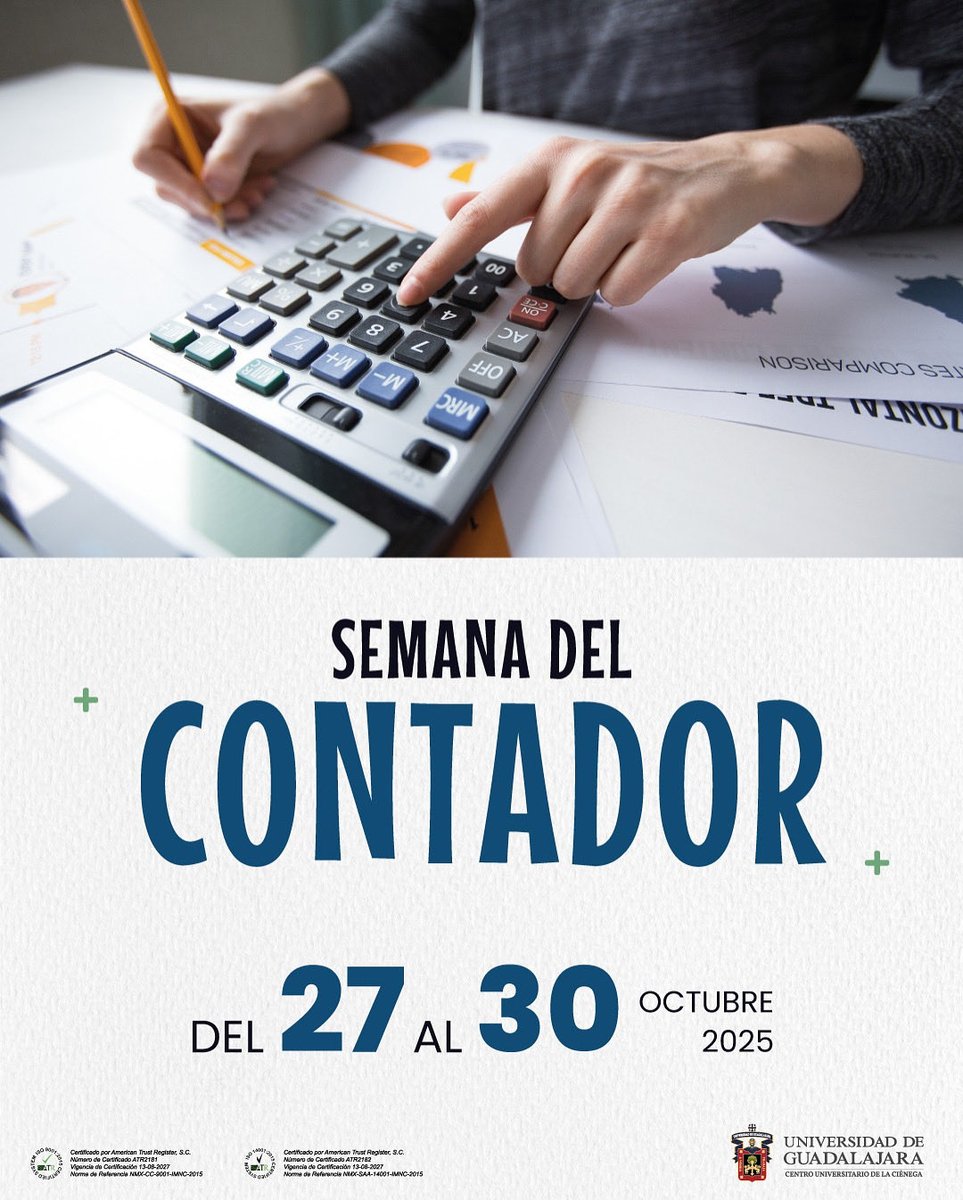 Aquí te compartimos las actividades que estaremos llevando a cabo con motivo de la Semana del Contador 2025. 

Eventos académicos, deportivos, culturales y artísticos, consúltalos en: cuci.udg.mx/programa-seman…

#SomosCUCiénega