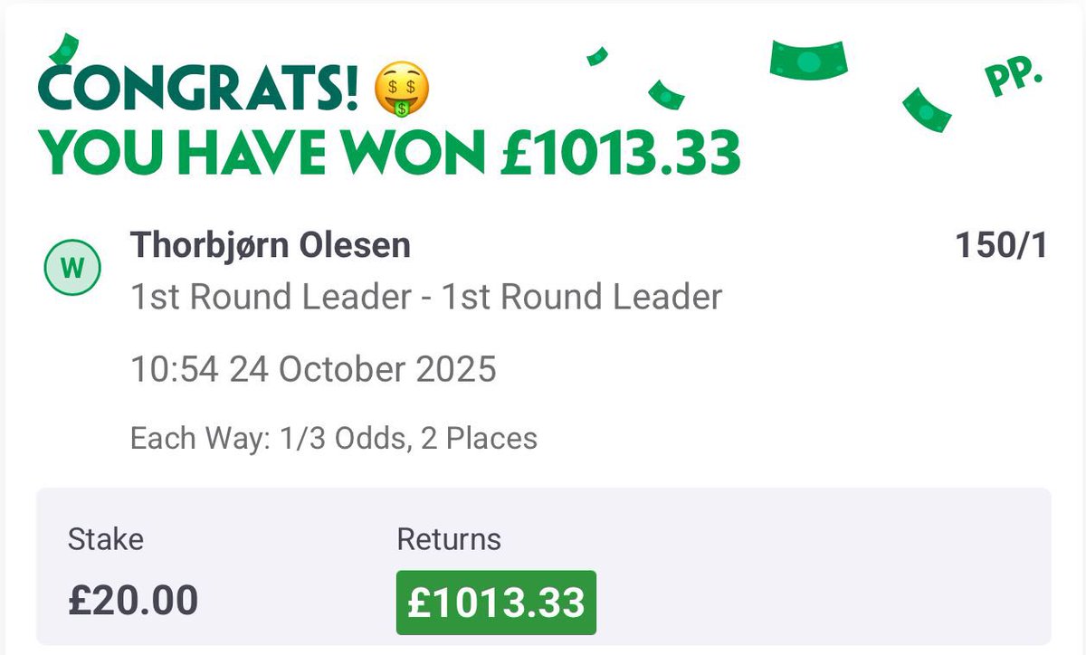 BetsRobin's tweet photo. 💰💰💰💰💰💰💰💰💰💰💰in the 🏦 Love it when the bookies get it wrong and I’m able to profit handsomely from it 💥
#GamblingX #GamblingCommunity #freetipster #sportsbettingpicks #BettingCommunity #PGATour #GambleAware https://t.co/WZ97ORehuR